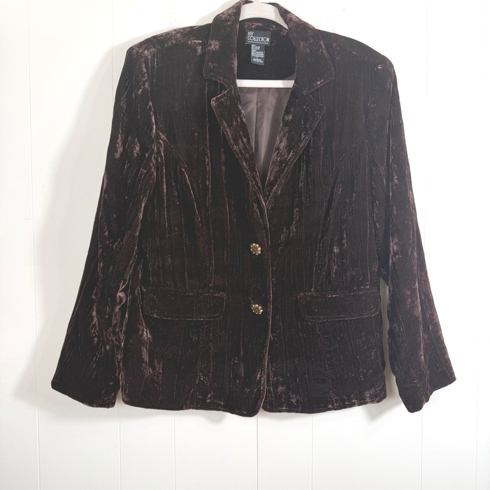 NY Collection Chocolate Brown Crushed Velvet Blazer Large Dark Academia Indie